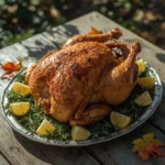 Crispy deep fried turkey with golden skin on a platter with lemon and fresh herbs