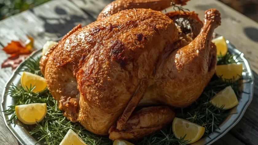 Crispy deep fried turkey with golden skin on a platter with lemon and fresh herbs