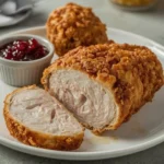 Sliced deep fried turkey breast with crisp golden skin and a drumstick