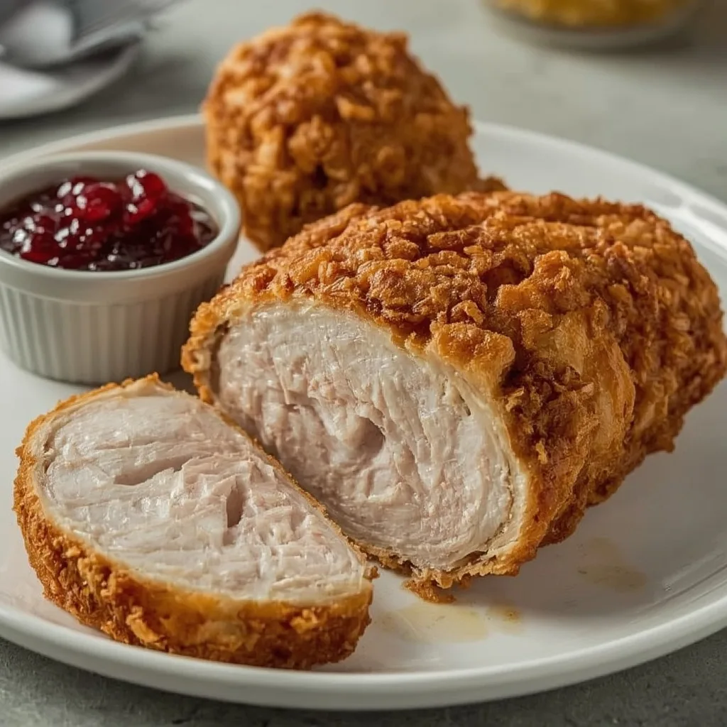 Sliced deep fried turkey breast with crisp golden skin and a drumstick