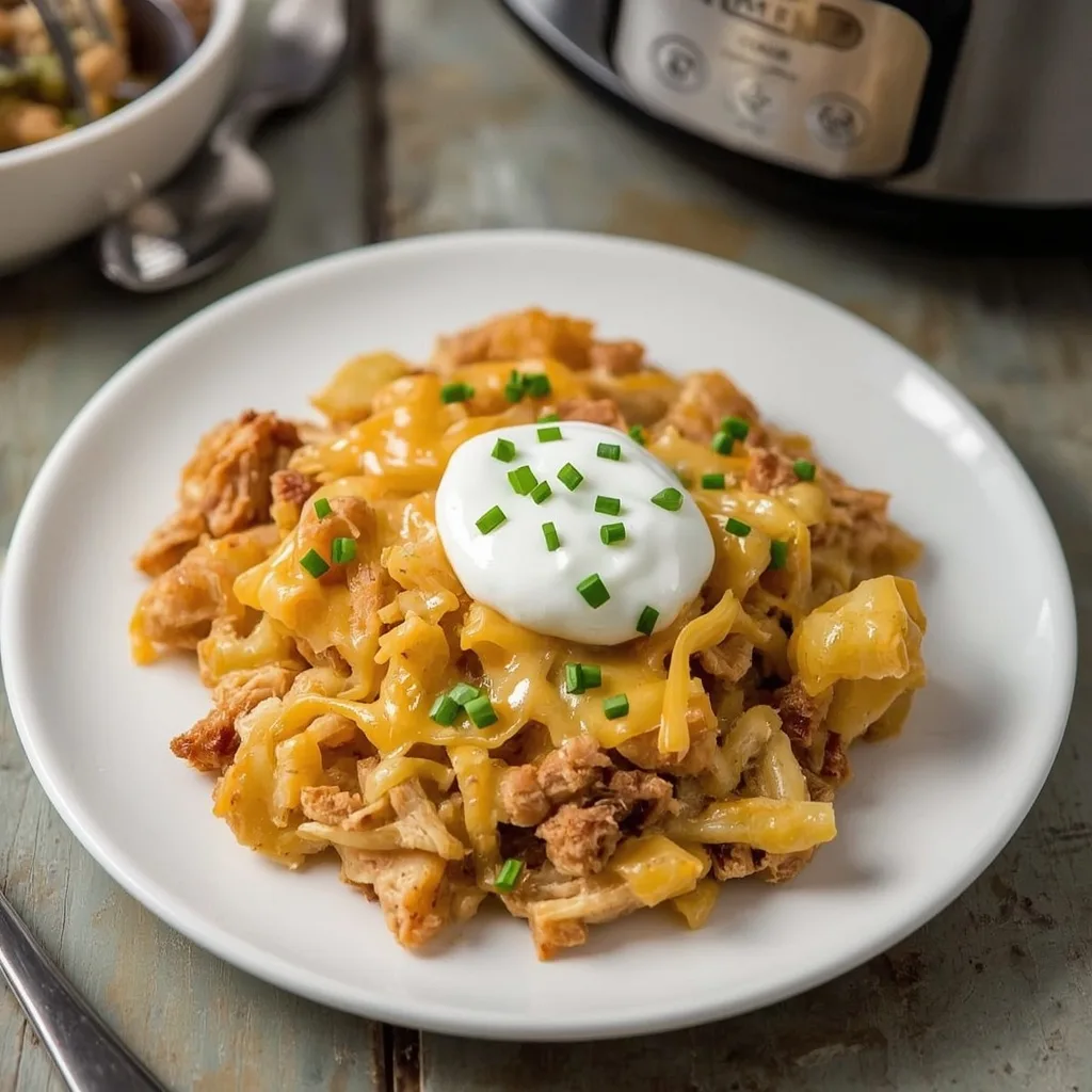 Crockpot cheesy turkey hash brown casserole with chives