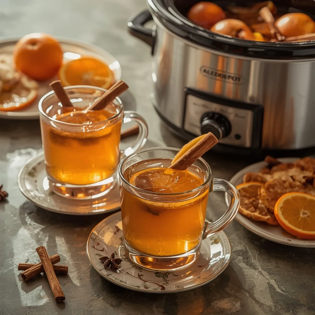 Hot spiced apple cider in mugs with cinnamon sticks