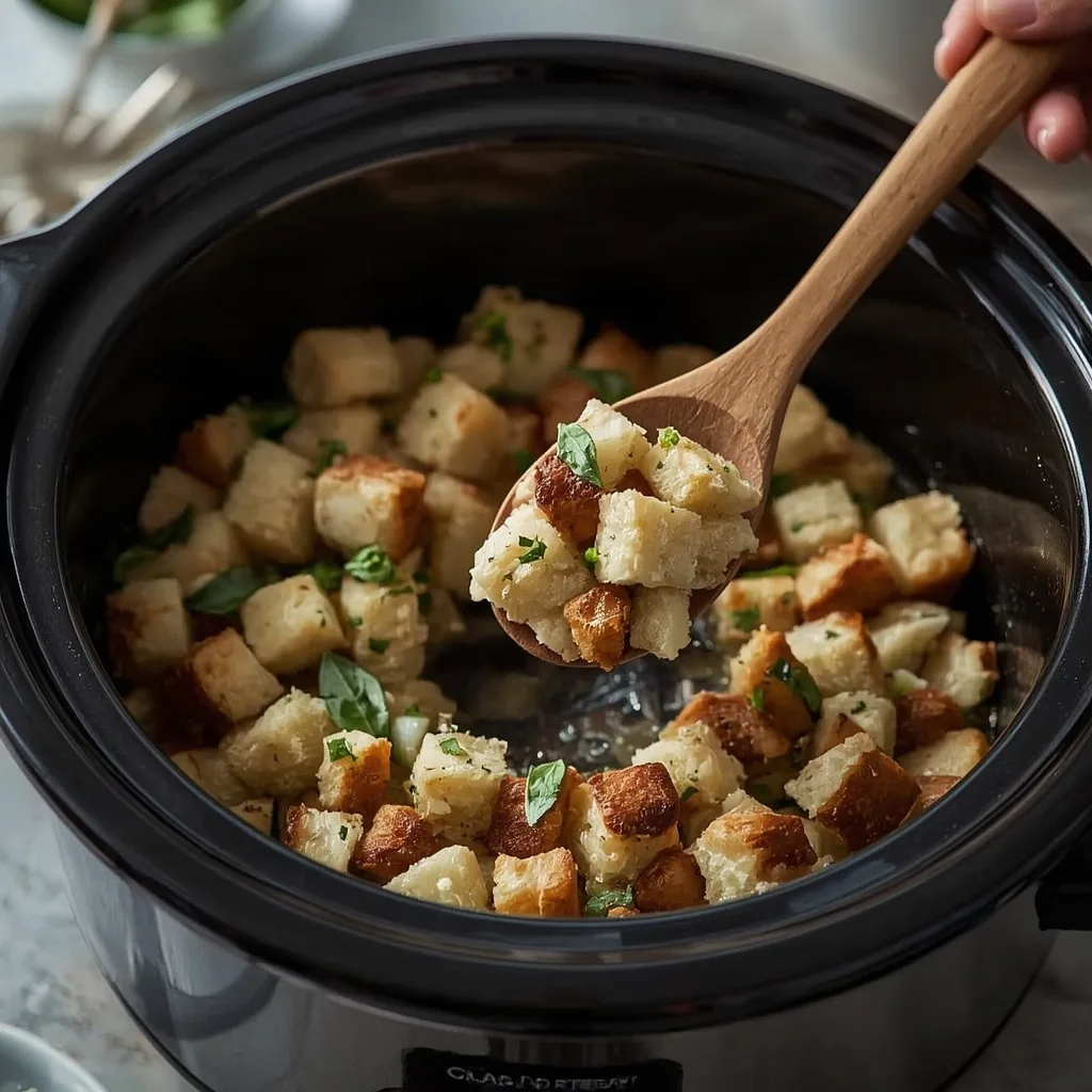 Herb stuffing in a slow cooker with a wooden spoon