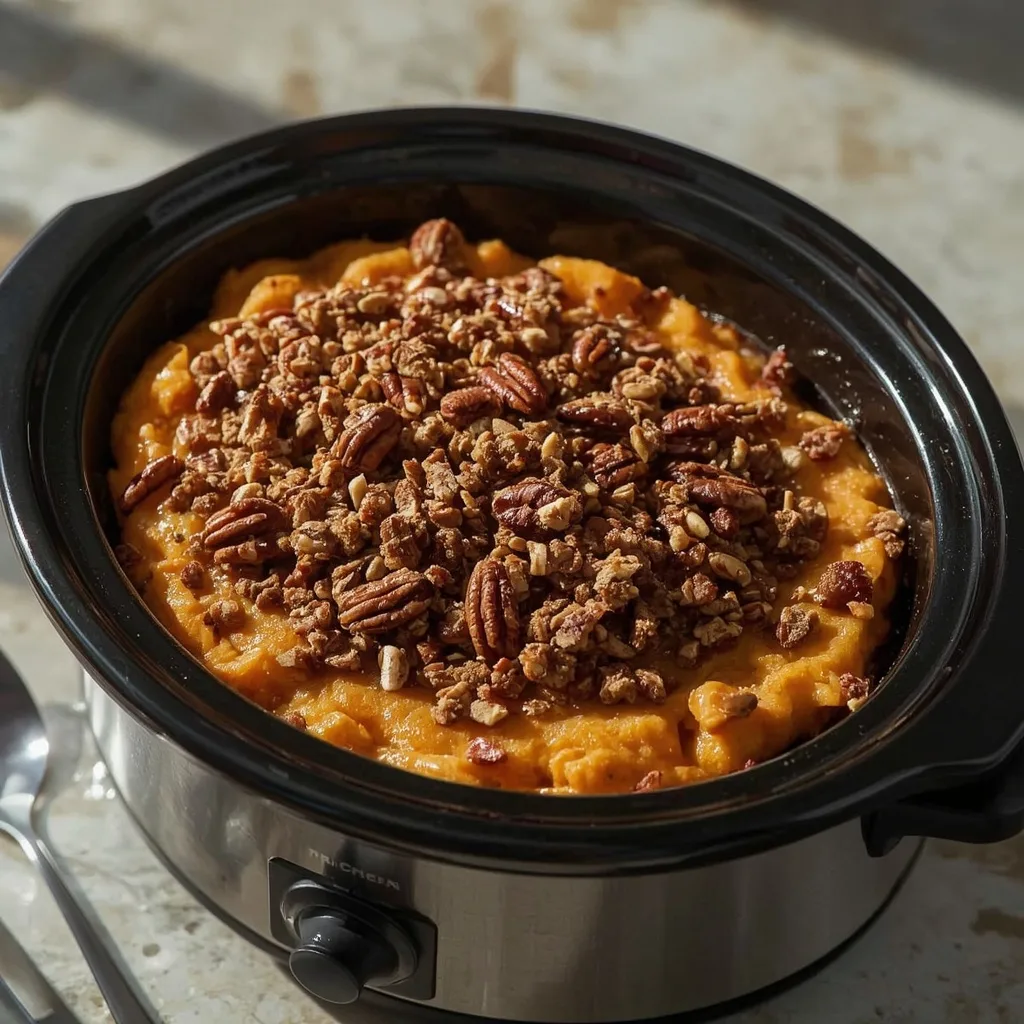 Slow cooker sweet potato casserole with pecan topping