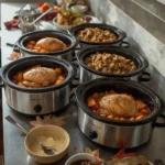 Slow cookers filled with turkey breast, stuffing, sweet potatoes, cranberry sauce and carrots