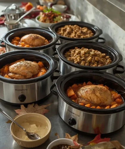 Slow cookers filled with turkey breast, stuffing, sweet potatoes, cranberry sauce and carrots