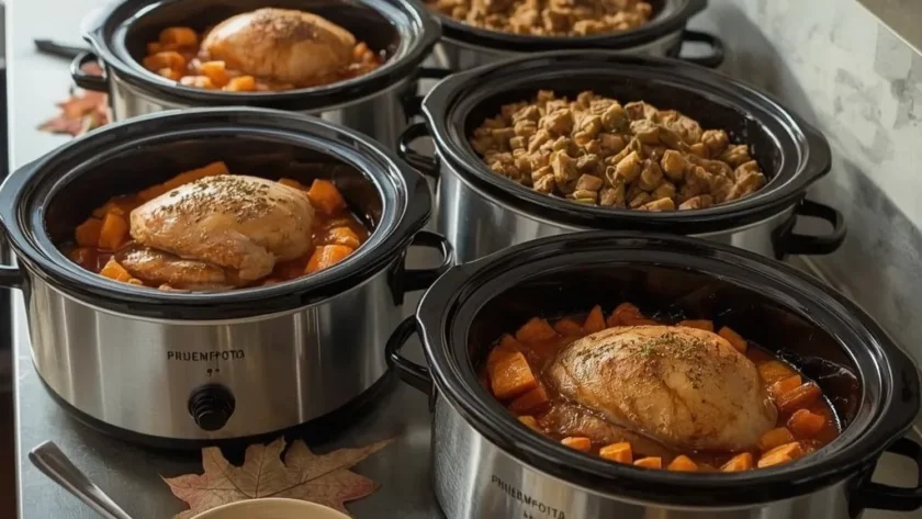 Slow cookers filled with turkey breast, stuffing, sweet potatoes, cranberry sauce and carrots