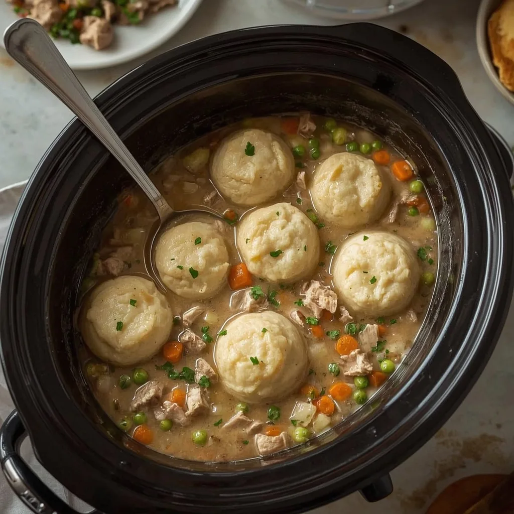 Crockpot turkey and dumplings with carrots, celery and peas