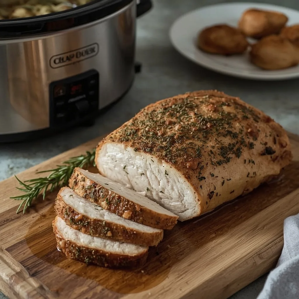 Sliced slow cooker turkey breast with herbs