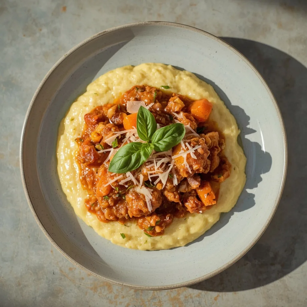 Crockpot turkey ragu over creamy polenta with Parmesan