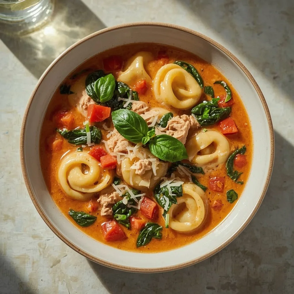 Crockpot creamy turkey tortellini soup with spinach and Parmesan