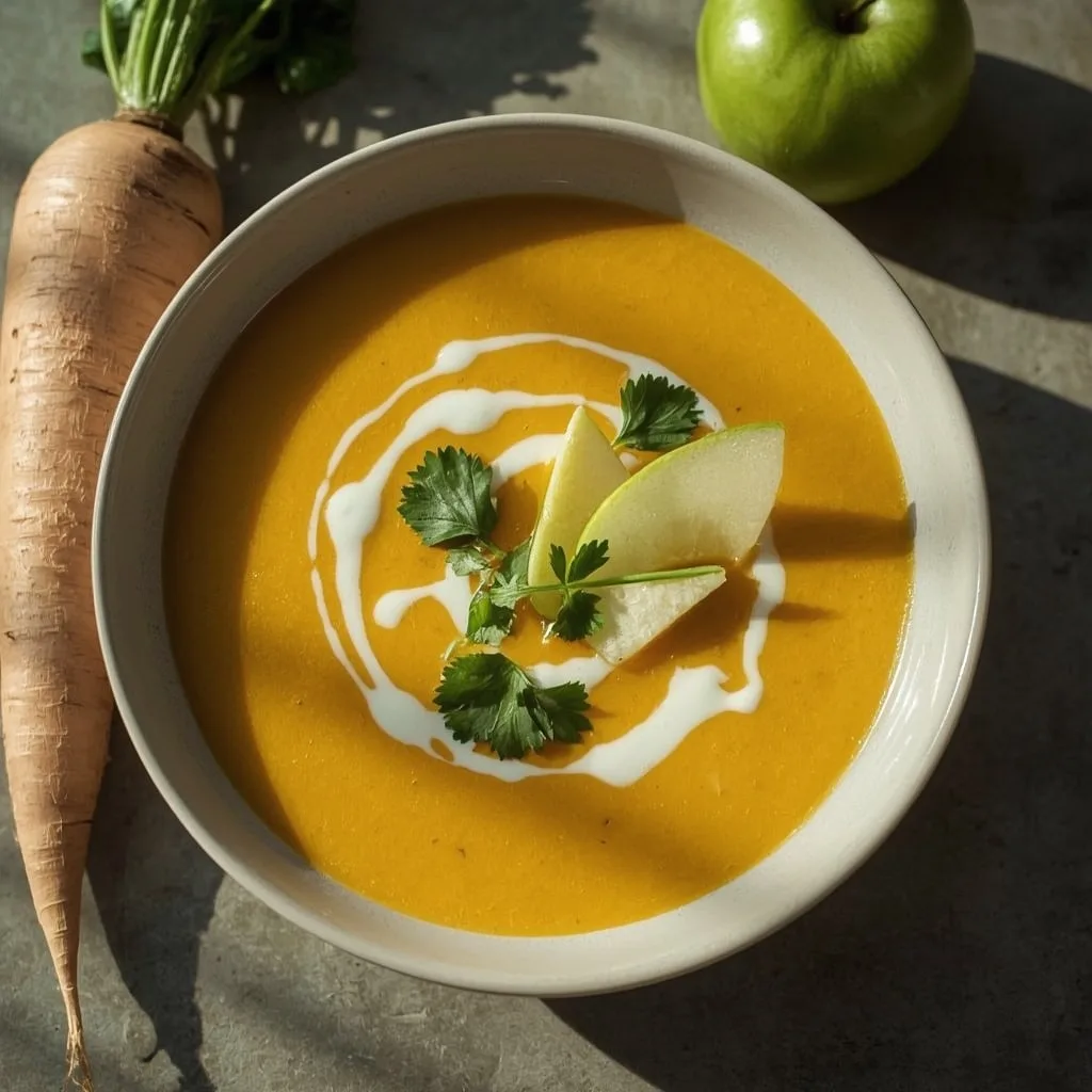 Curried parsnip and apple soup with yogurt swirl and apple matchsticks