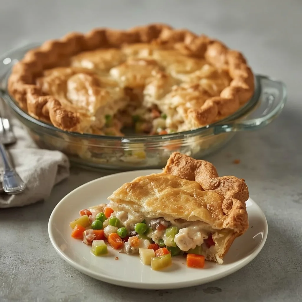 Classic double-crust turkey pot pie with a slice showing creamy filling