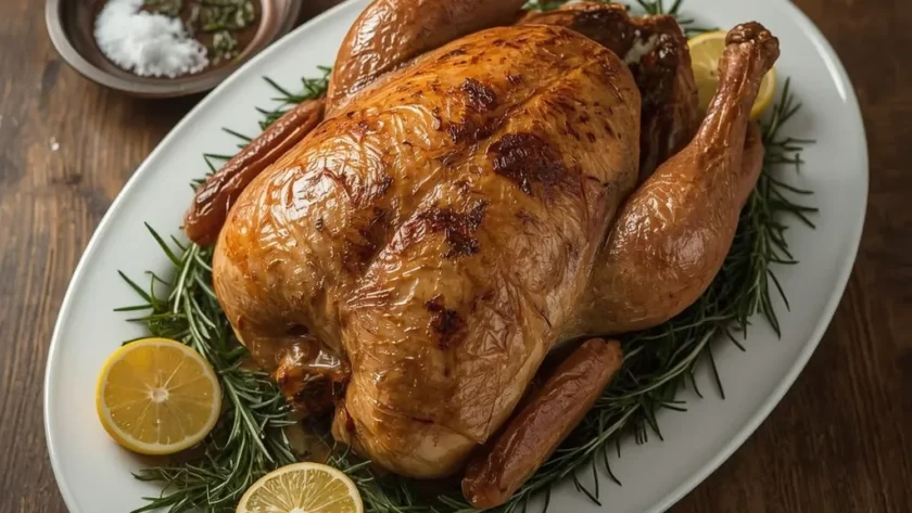 Dry brine turkey roasted with crisp golden skin on a platter with lemon and fresh herbs