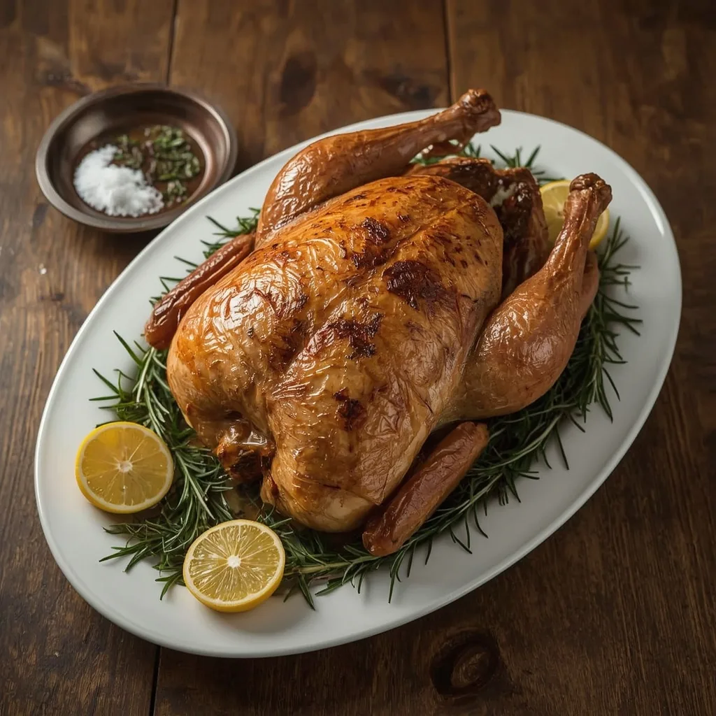 Dry brine turkey roasted with crisp golden skin on a platter with lemon and fresh herbs