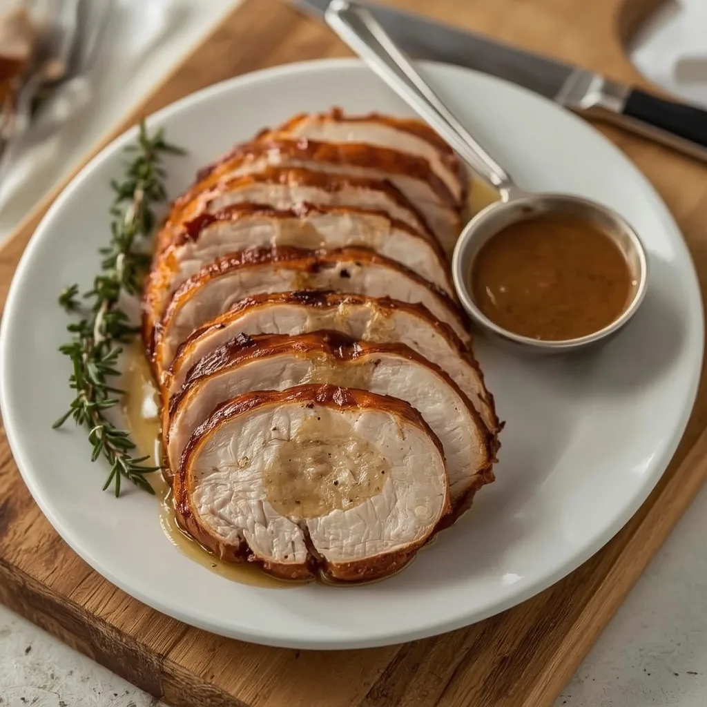 Juicy sliced dry brine turkey breast with crisp skin and gravy