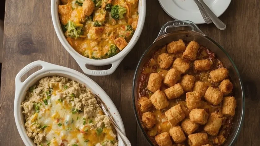 Easy leftover turkey casseroles including broccoli rice, tater tot and biscuit-topped bakes
