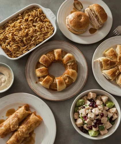 Easy leftover turkey recipes including noodle casserole, hot turkey sandwiches, crescent ring and taquitos
