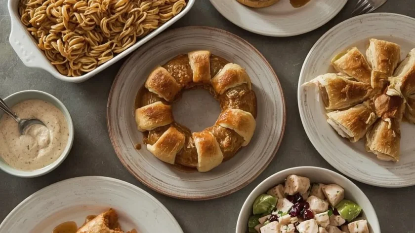Easy leftover turkey recipes including noodle casserole, hot turkey sandwiches, crescent ring and taquitos