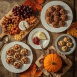 Thanksgiving appetizers including a cheese board, meatballs, baked brie, crostini and stuffed mushrooms