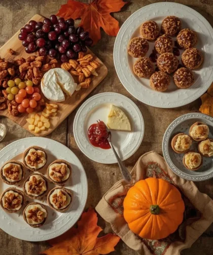 Thanksgiving appetizers including a cheese board, meatballs, baked brie, crostini and stuffed mushrooms