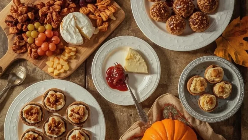 Thanksgiving appetizers including a cheese board, meatballs, baked brie, crostini and stuffed mushrooms