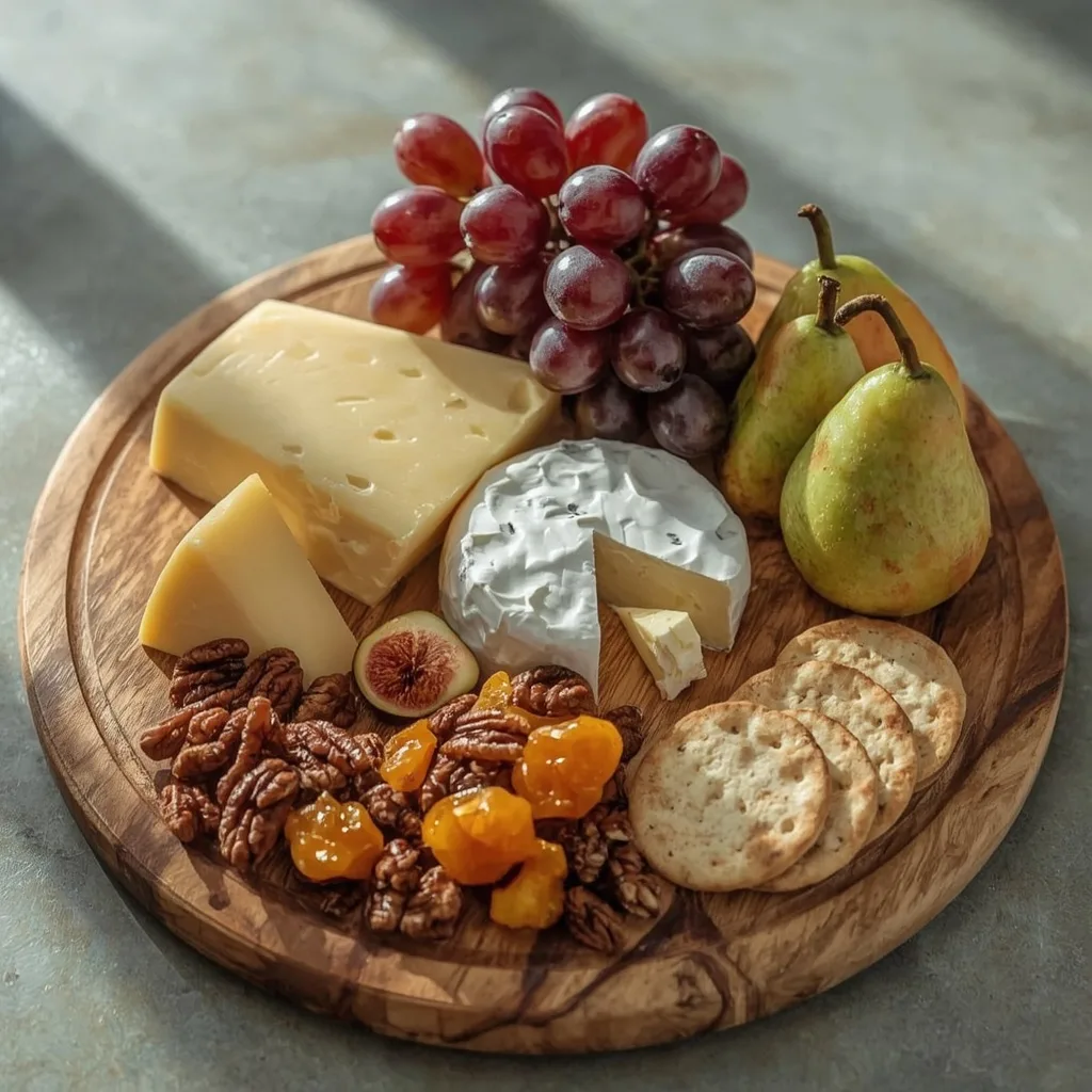 Fall cheese board with fruit, nuts, honeycomb and crackers