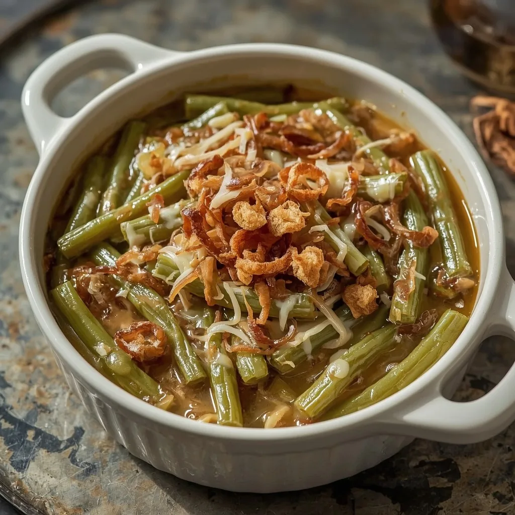 French onion green bean casserole with Gruyère and crispy onions