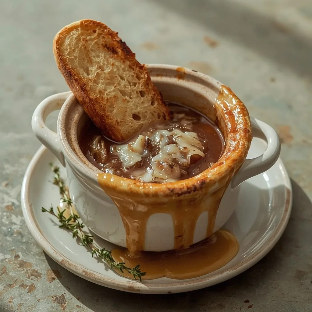 French onion soup with bubbling Gruyère cheese toast in a crock