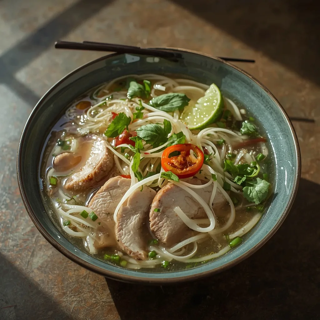 Ginger turkey rice noodle soup with bean sprouts, herbs, chili and lime