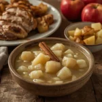 Gordon Ramsay apple sauce in a bowl with a cinnamon stick beside roast chicken
