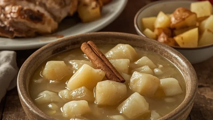 Gordon Ramsay apple sauce in a bowl with a cinnamon stick beside roast chicken