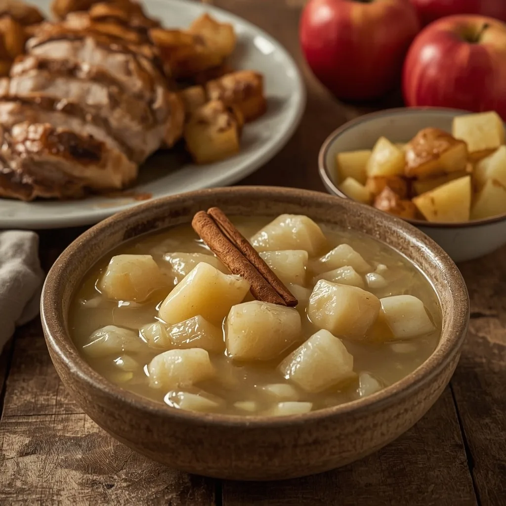 Gordon Ramsay apple sauce in a bowl with a cinnamon stick beside roast chicken