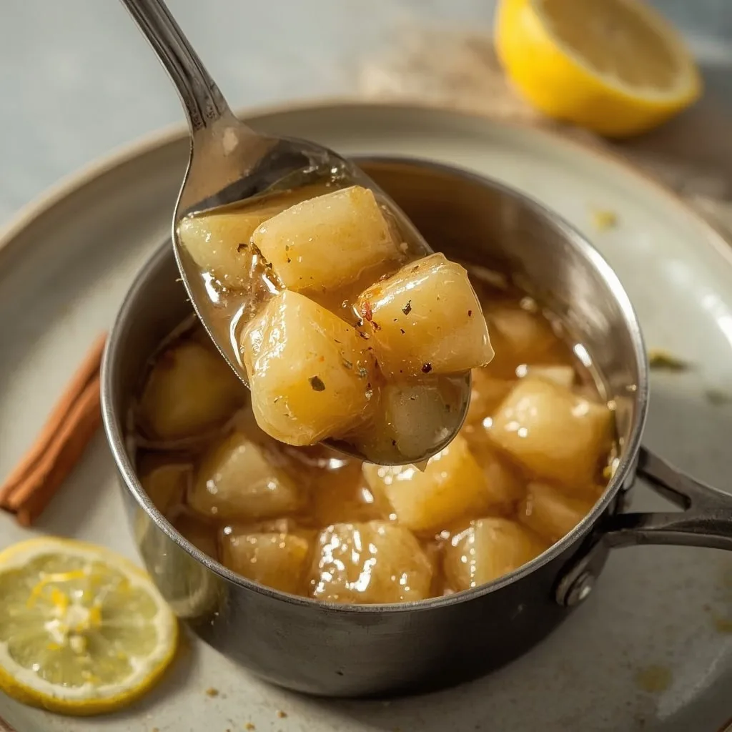 Spoonful of chunky homemade apple sauce from a saucepan