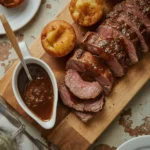 Gordon Ramsay beef gravy in a gravy boat with roast beef and Yorkshire puddings