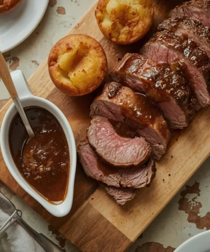 Gordon Ramsay beef gravy in a gravy boat with roast beef and Yorkshire puddings