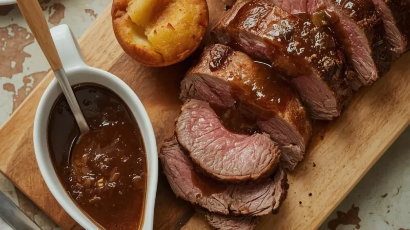 Gordon Ramsay beef gravy in a gravy boat with roast beef and Yorkshire puddings