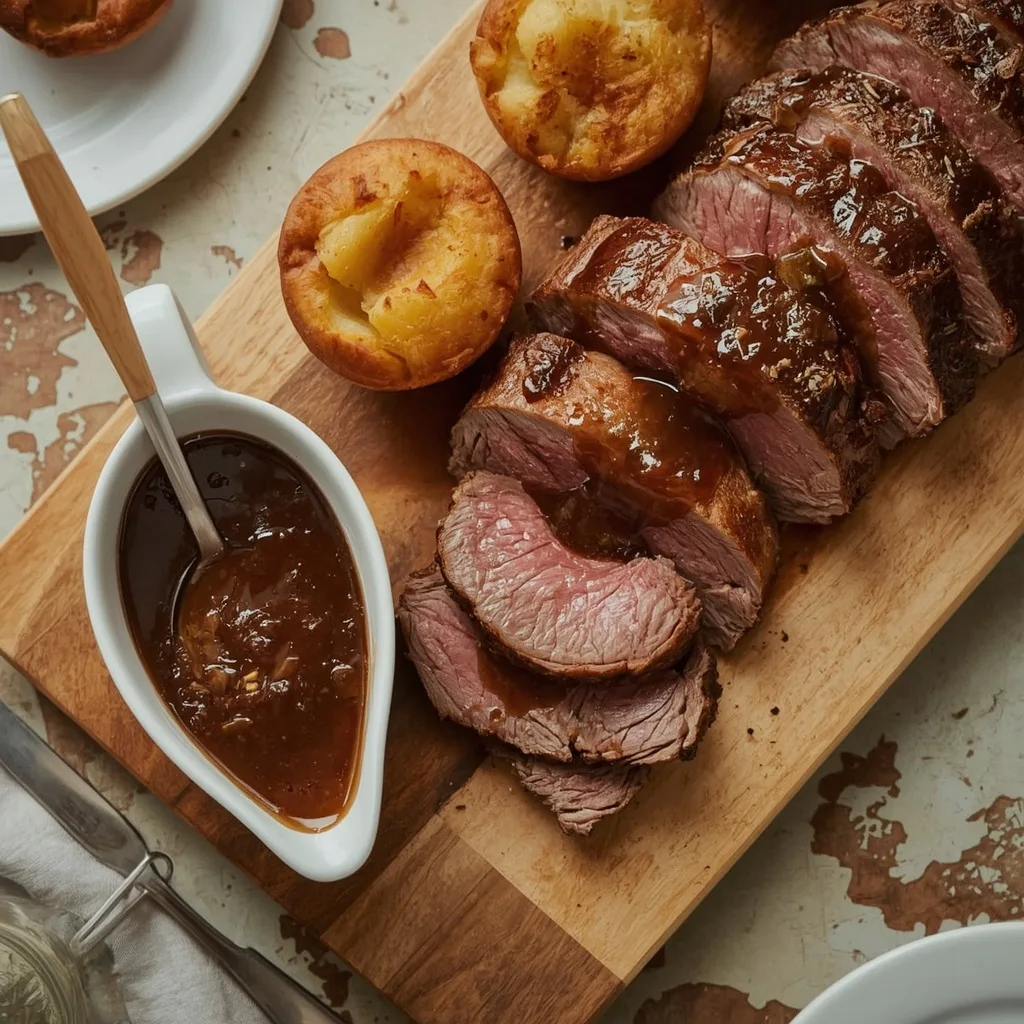 Gordon Ramsay beef gravy in a gravy boat with roast beef and Yorkshire puddings