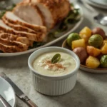 Gordon Ramsay bread sauce in a bowl beside roast turkey and Christmas sides