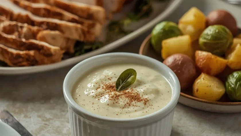 Gordon Ramsay bread sauce in a bowl beside roast turkey and Christmas sides
