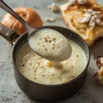 Spoonful of creamy bread sauce with nutmeg and a clove-studded onion