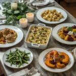 Christmas side dishes including stuffing balls, roasted parsnips, celeriac gratin and green beans
