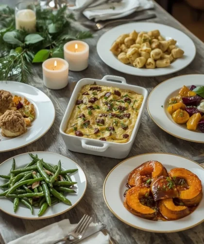 Christmas side dishes including stuffing balls, roasted parsnips, celeriac gratin and green beans