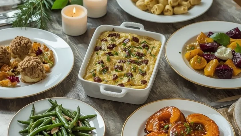 Christmas side dishes including stuffing balls, roasted parsnips, celeriac gratin and green beans