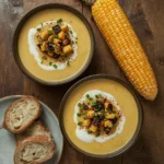 Gordon Ramsay Corn Chowder in two bowls topped with charred corn, chives and a swirl of cream
