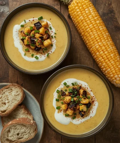 Gordon Ramsay Corn Chowder in two bowls topped with charred corn, chives and a swirl of cream