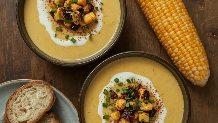 Gordon Ramsay Corn Chowder in two bowls topped with charred corn, chives and a swirl of cream