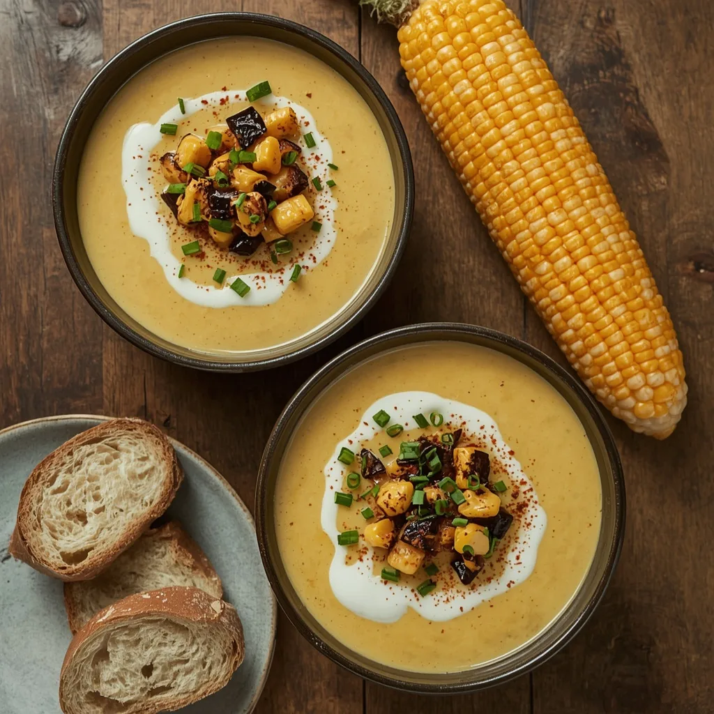 Gordon Ramsay Corn Chowder in two bowls topped with charred corn, chives and a swirl of cream