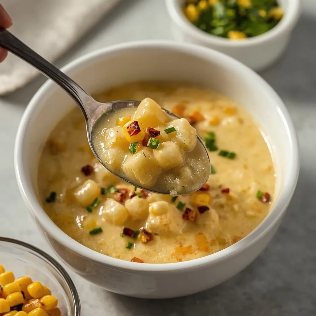 Spoonful of creamy corn chowder with potatoes, charred corn and chives