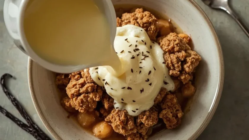 Gordon Ramsay custard poured from a jug over warm apple crumble